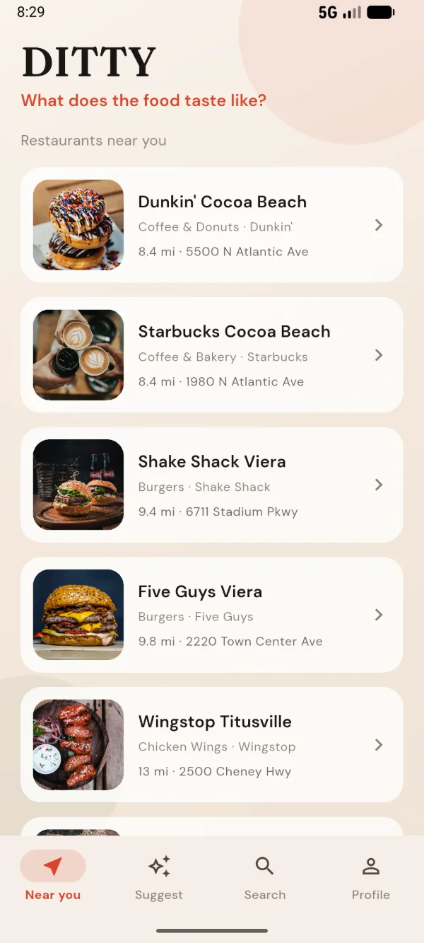 DITTY Near you screen listing nearby restaurants with photos, cuisine, and distance.