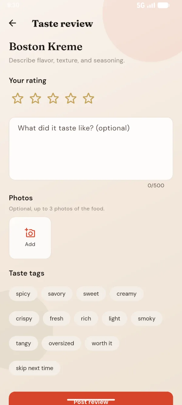 DITTY taste review screen with a star rating, a note field, photo upload, and taste tags like spicy, smoky, worth it, and skip next time.