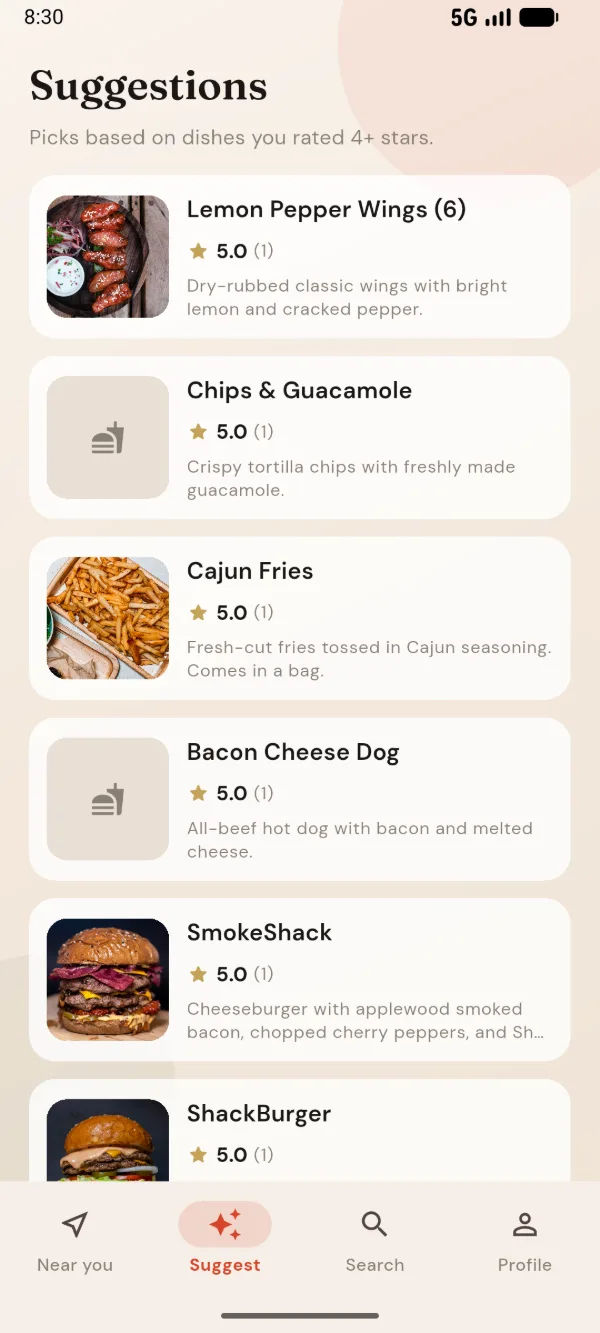 DITTY Suggestions screen with dish picks based on dishes rated four stars or higher.